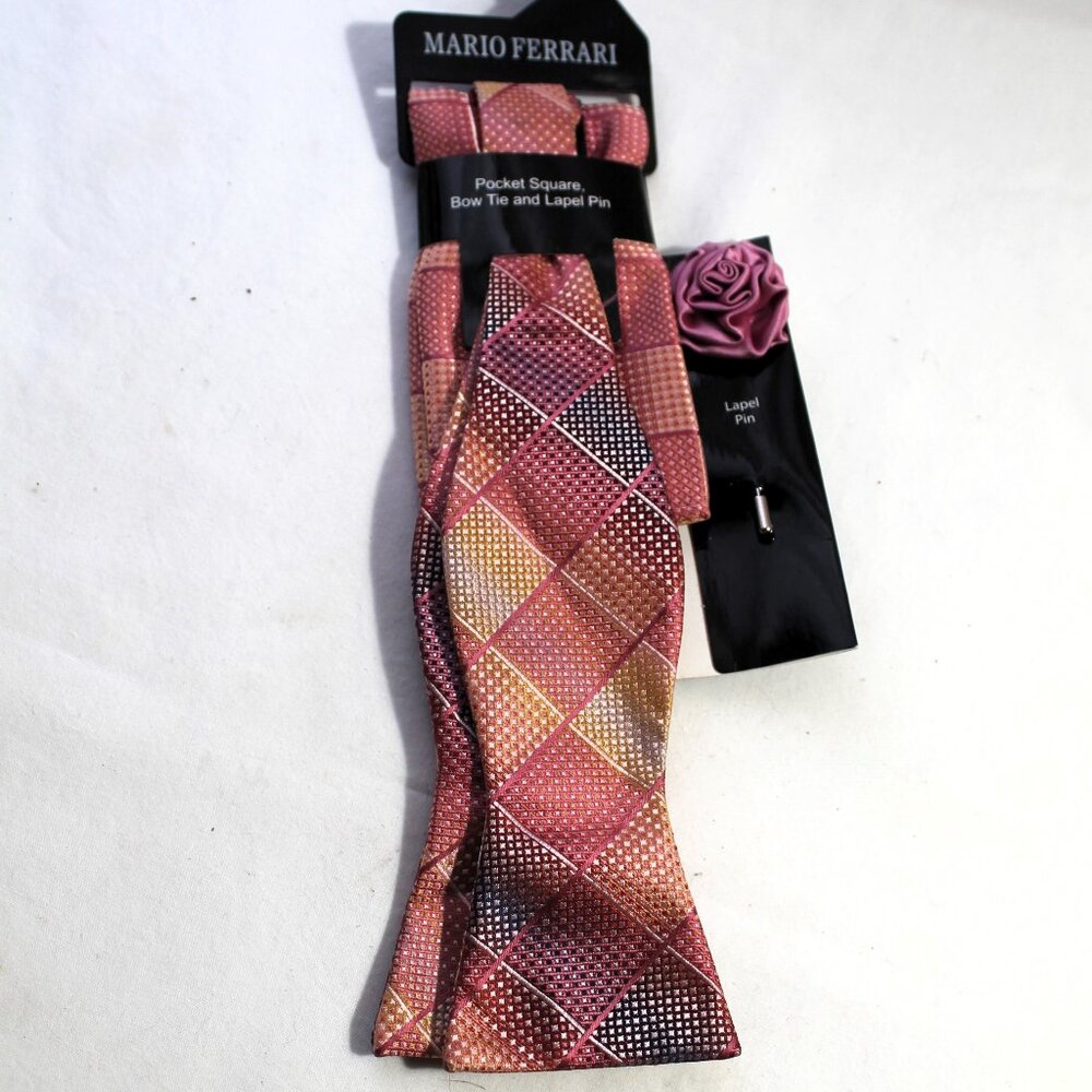 Mario Ferrari Pocket Square, Bow Tie & Lapel Pin, Pink, NWT